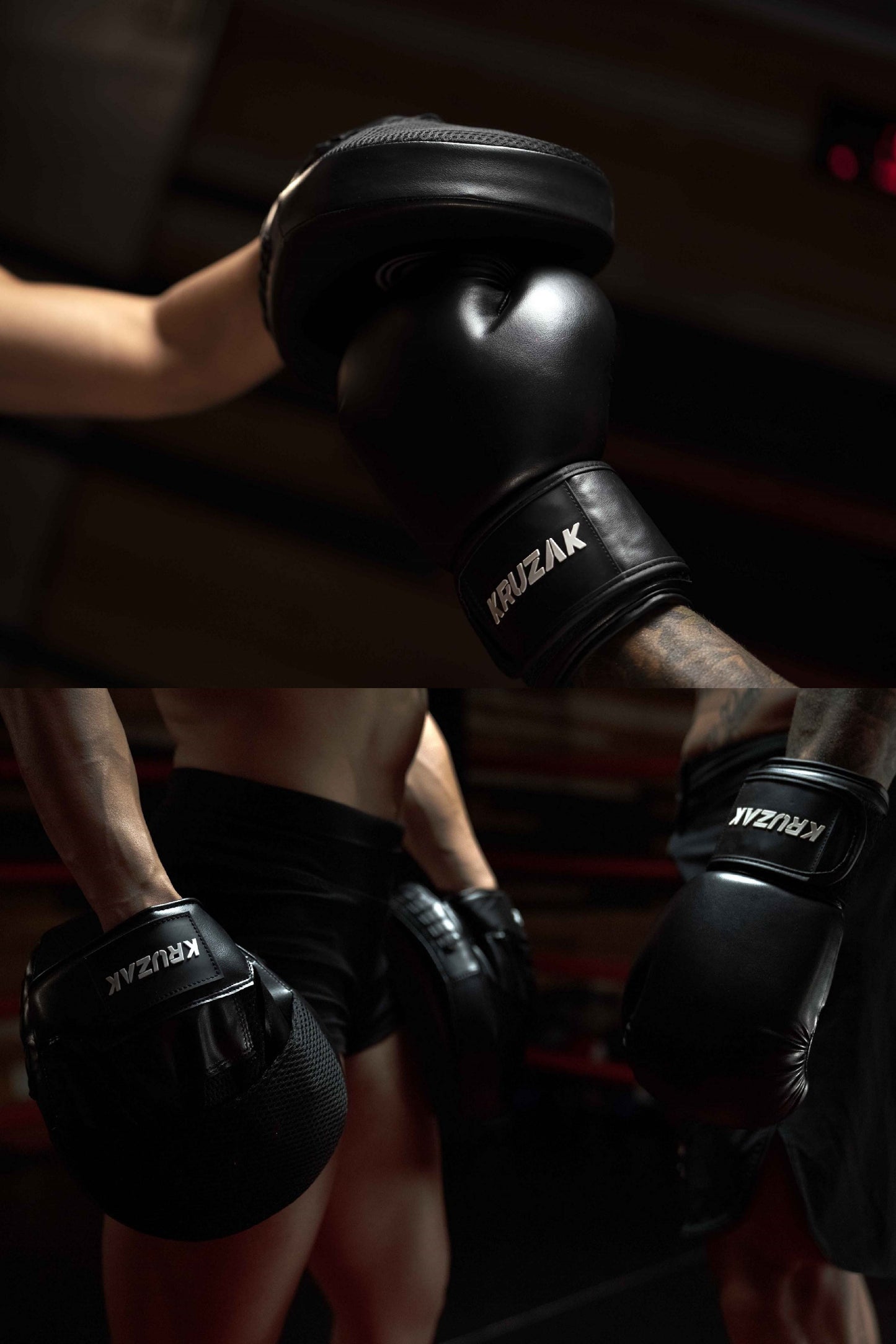 Product demonstration of Kruzak Unisex Black Boxing Gloves and Focus Pads