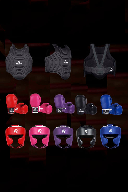 Boxing Gloves, Head Guard and Body Protector Set