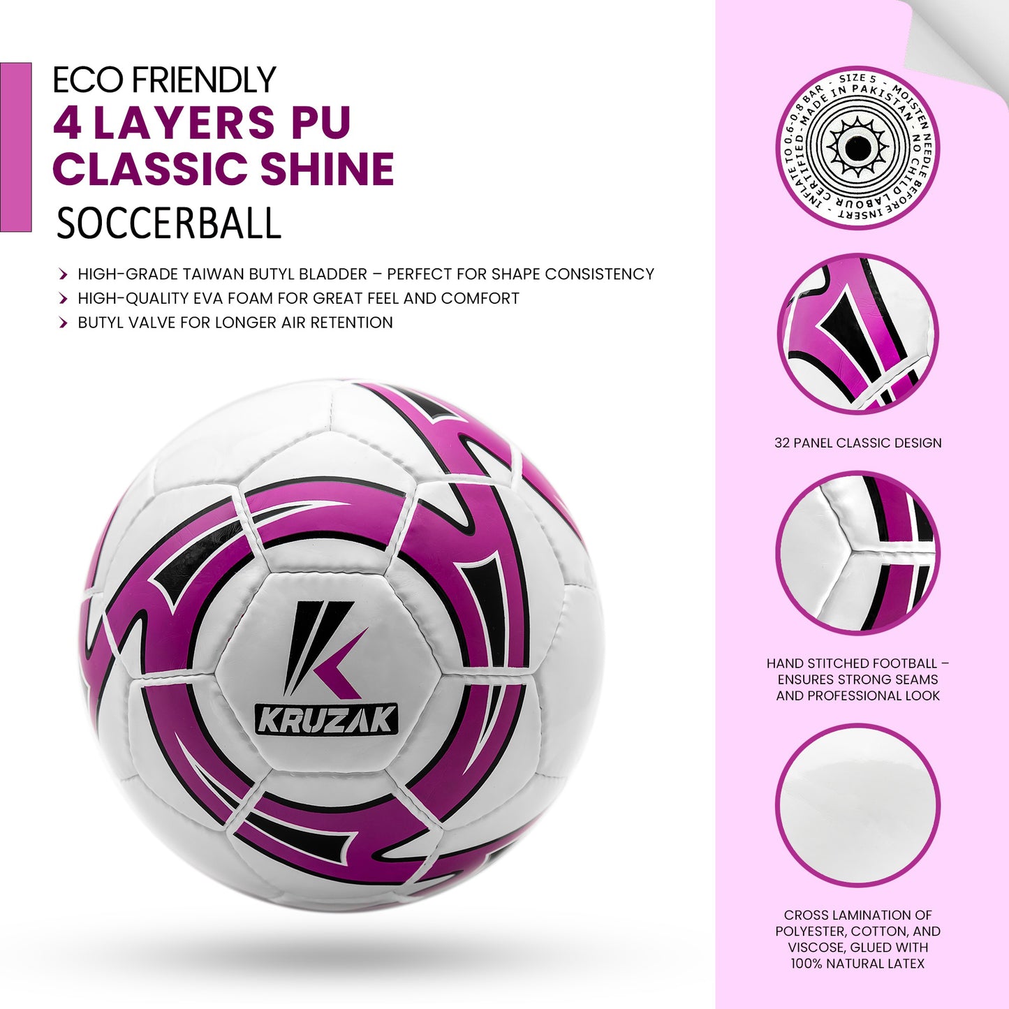 Kruzak Classic Official Size 5 Purple Soccer Ball - Hand Stitched Match Ball for Professional Training - for Men, Women, Youth Boys & Girls Soccer Players