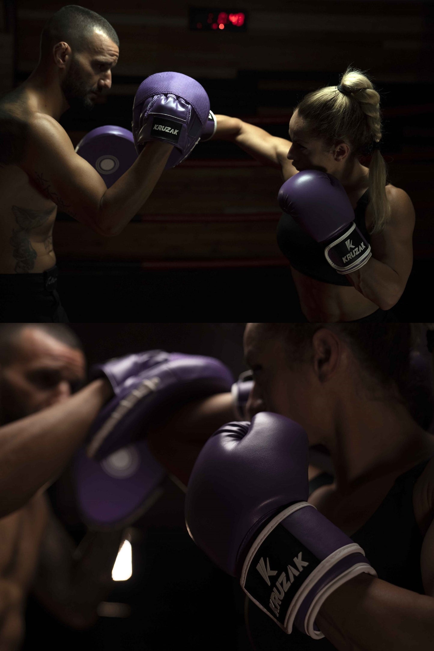 Product demonstration of Kruzak Unisex Purple Boxing Gloves and Focus Pads