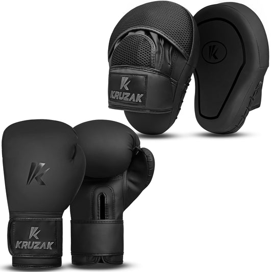 Premium Matte-Black Training Gloves & Focus Mitts Set for Boxing, Muay Thai, Kick Boxing & MMA Fighting