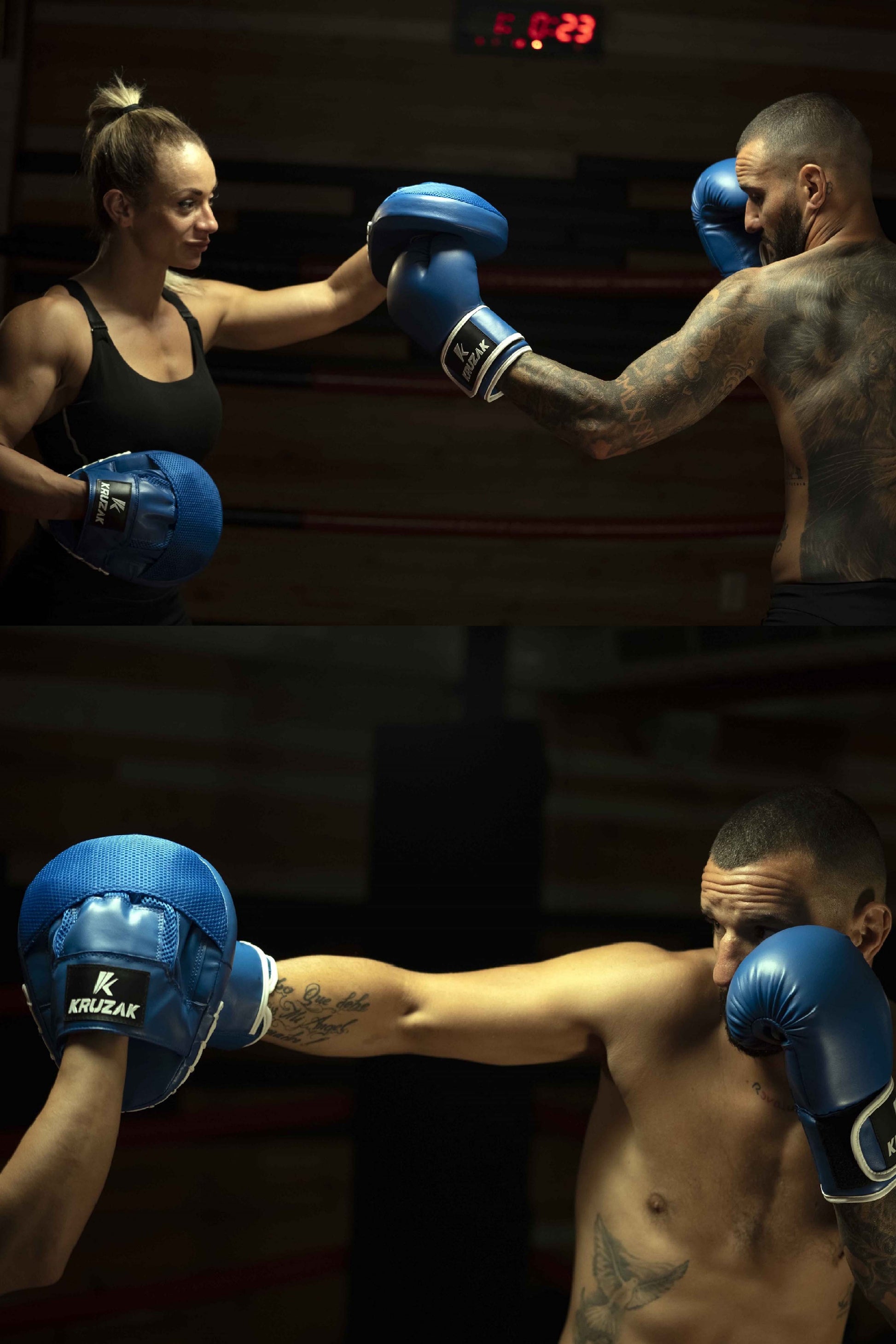 Product demonstration of Kruzak Unisex Blue Boxing Gloves and Focus Pads