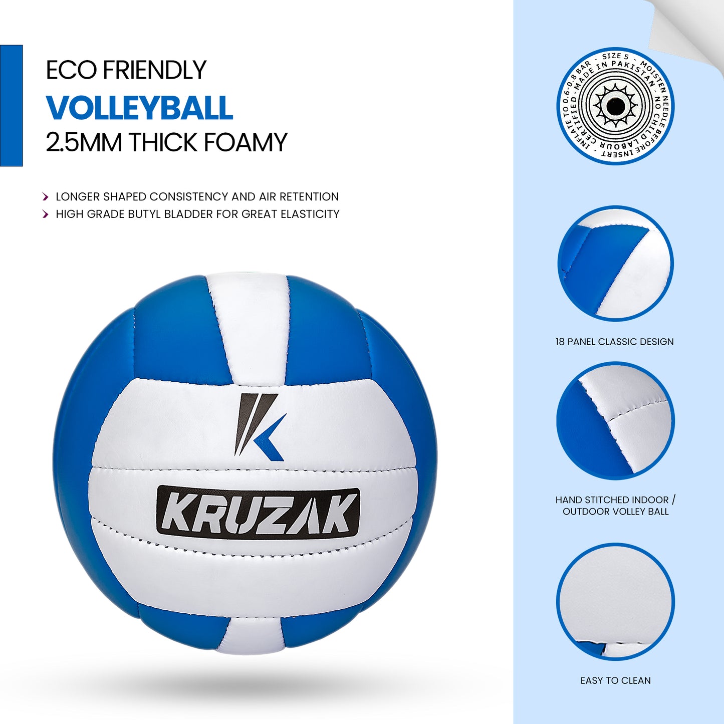Kruzak Pro Volley Model Hand Stitched BLUE Volley Ball Toy - Indoor Outdoor Beach Ball for Kids Youth Adults, Beginners