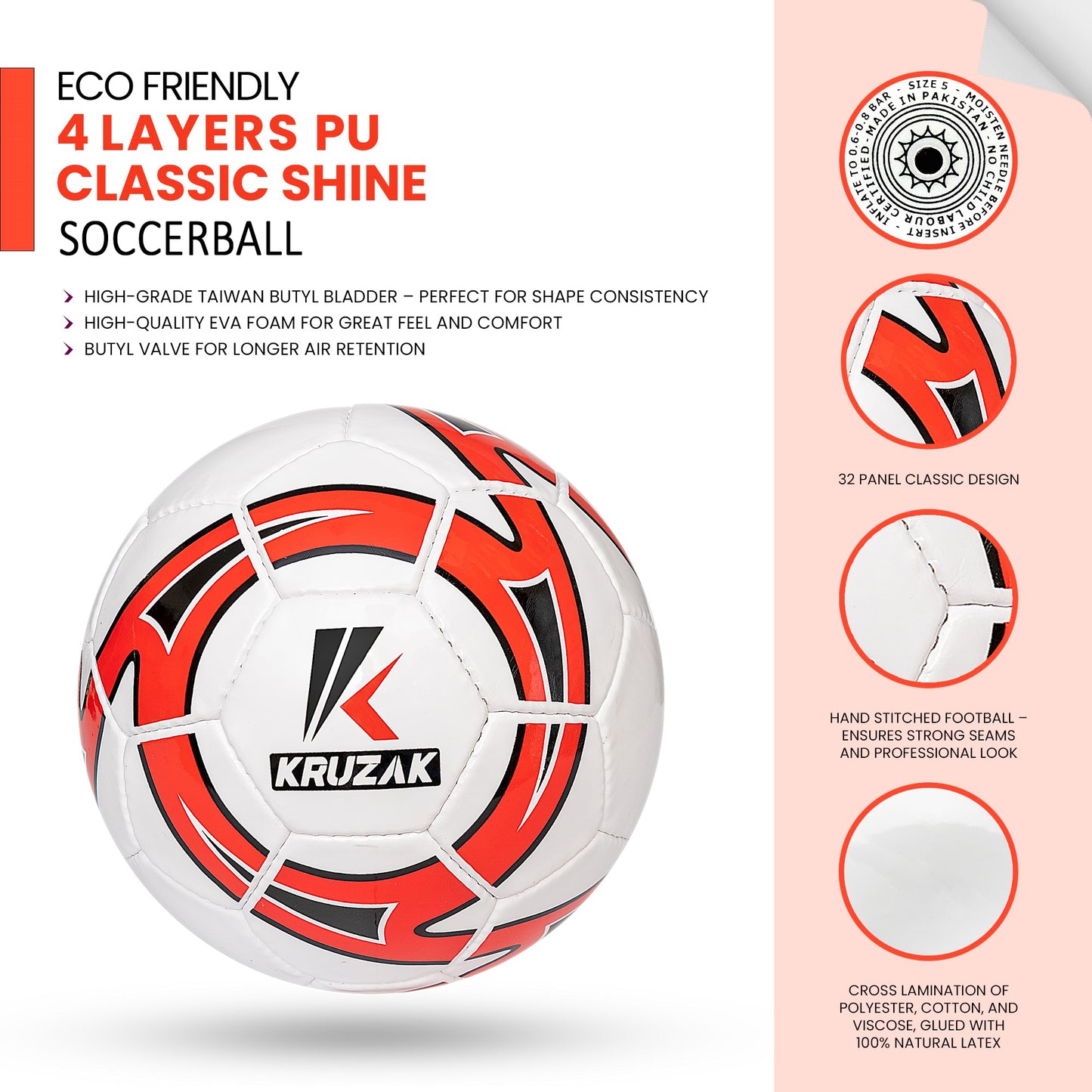 Kruzak Classic Official Size 5 Red Soccer Ball - Hand Stitched Match Ball for Professional Training - for Men, Women, Youth Boys & Girls Soccer Players