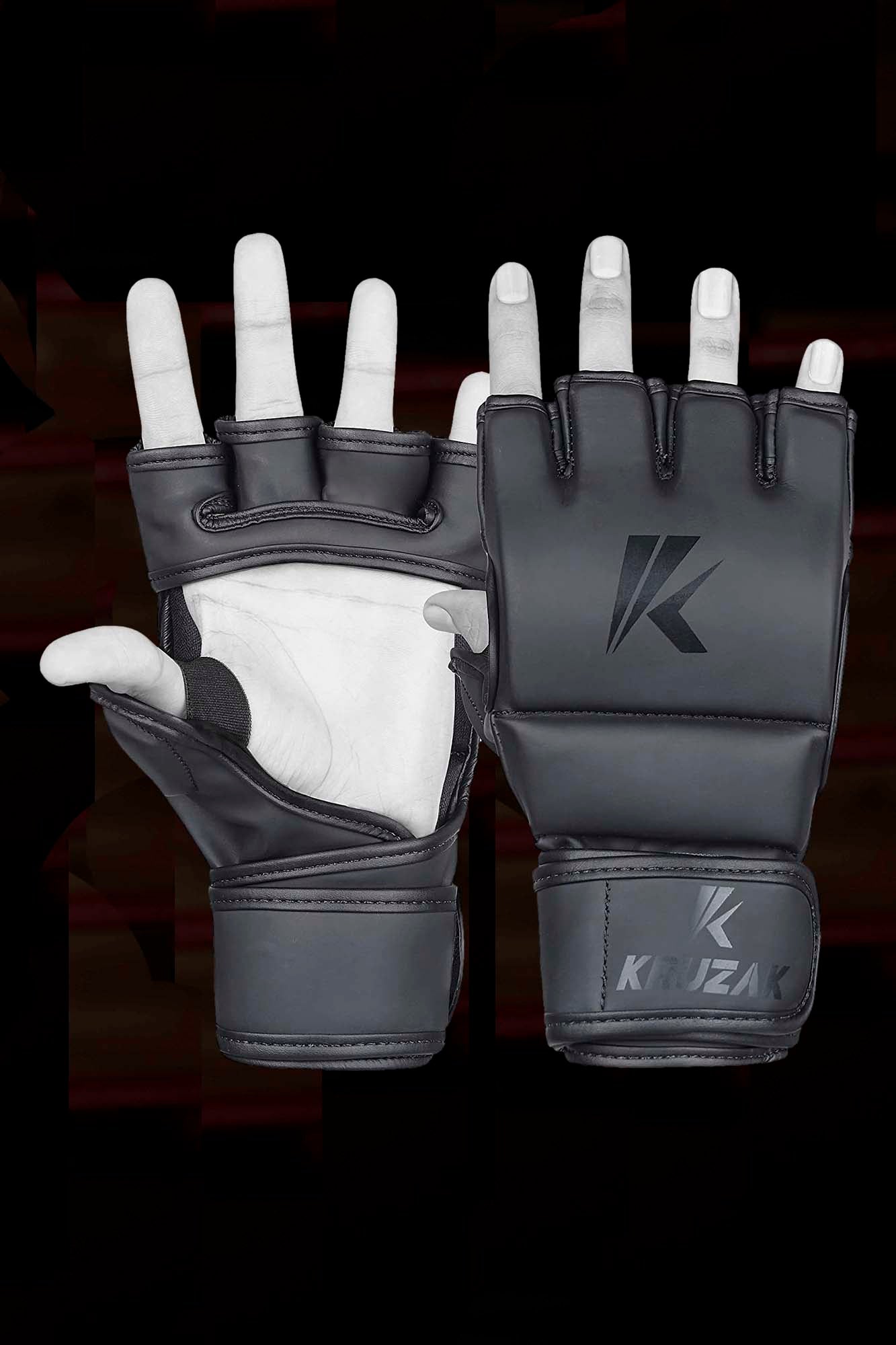 Matte-Black Kruzak Unisex MMA Gloves Hand Wraps with Open Palms