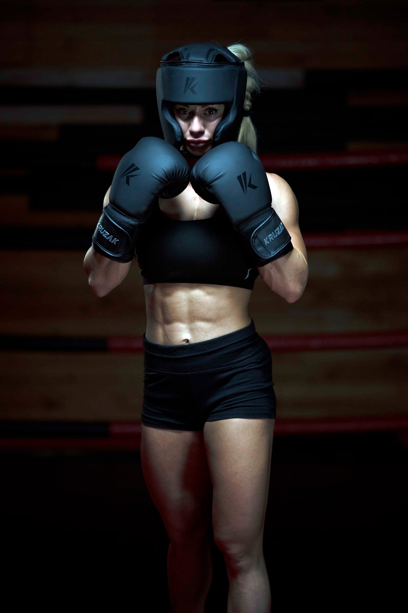 Matte-Black Boxing Gloves and Head Guard Set