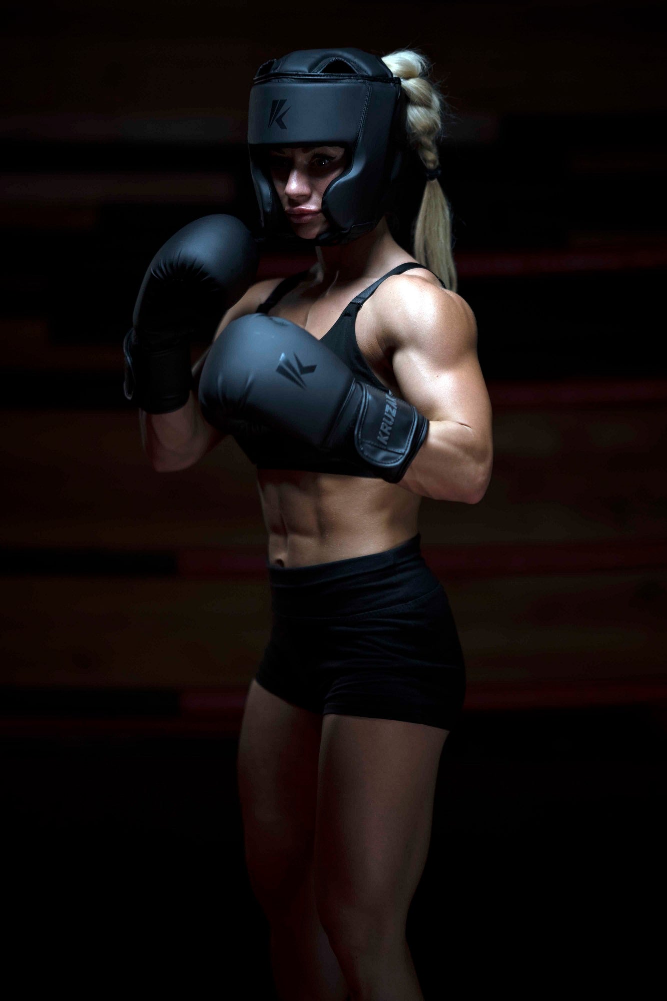 Matte-Black Boxing Gloves and Head Guard Set