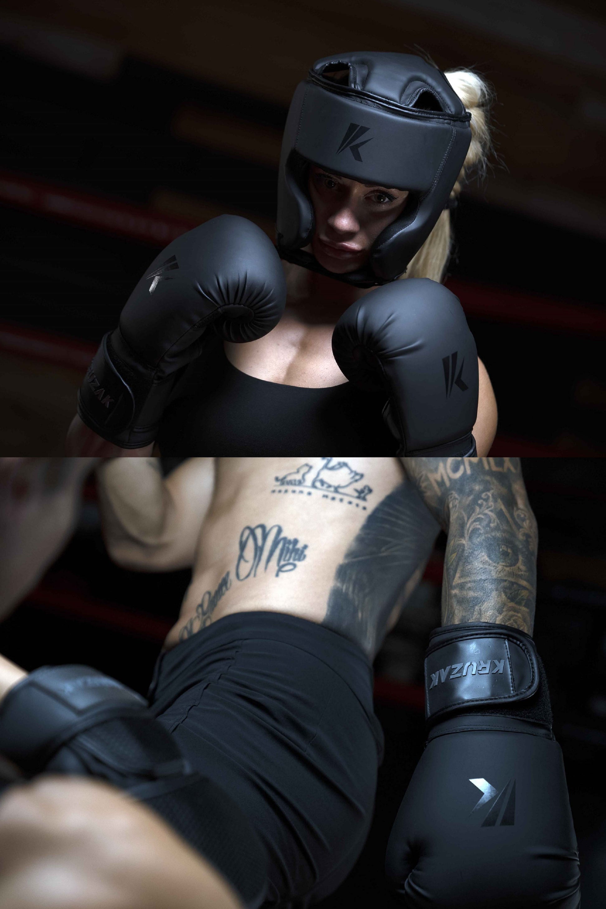 Woman and Man wearing Kruzak Matte Black Boxing Gloves