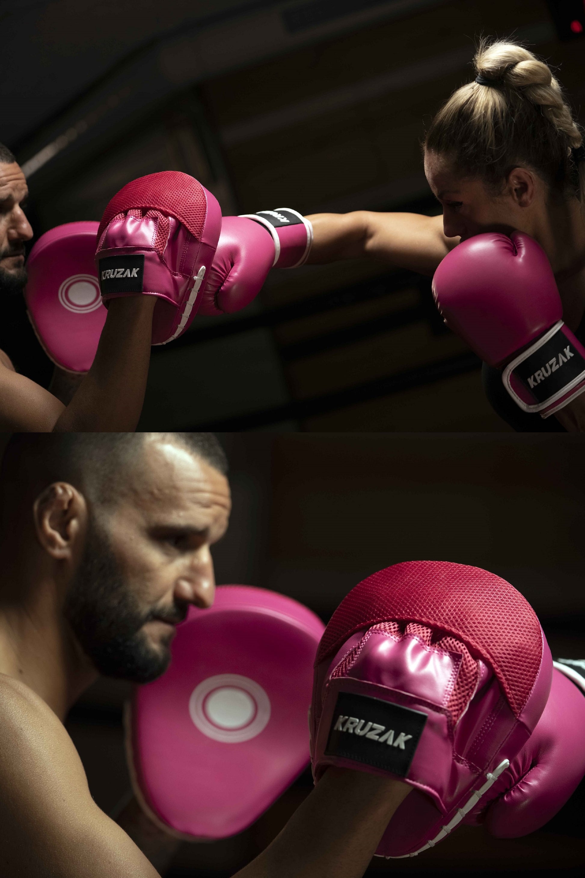 Product demonstration of Kruzak Unisex Pink Boxing Gloves and Focus Pads