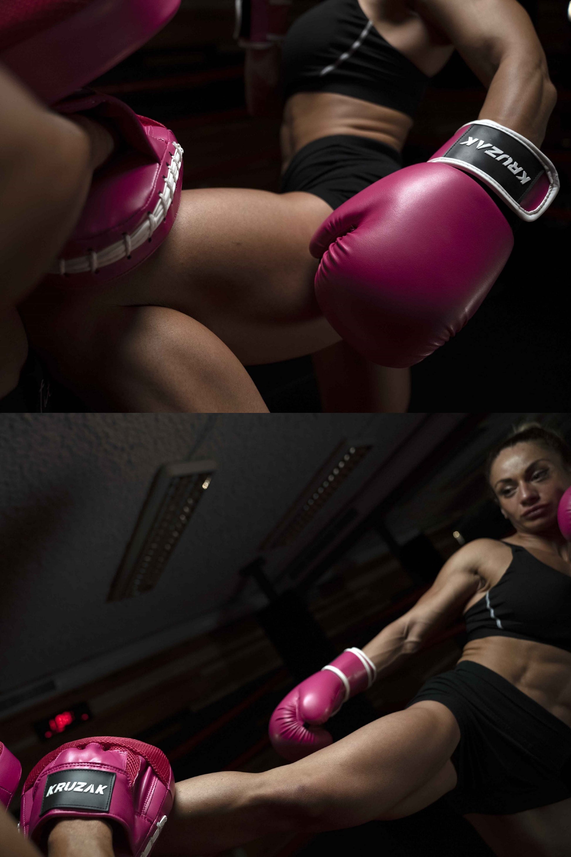 Product demonstration of Kruzak Unisex Pink Boxing Gloves and Focus Pads