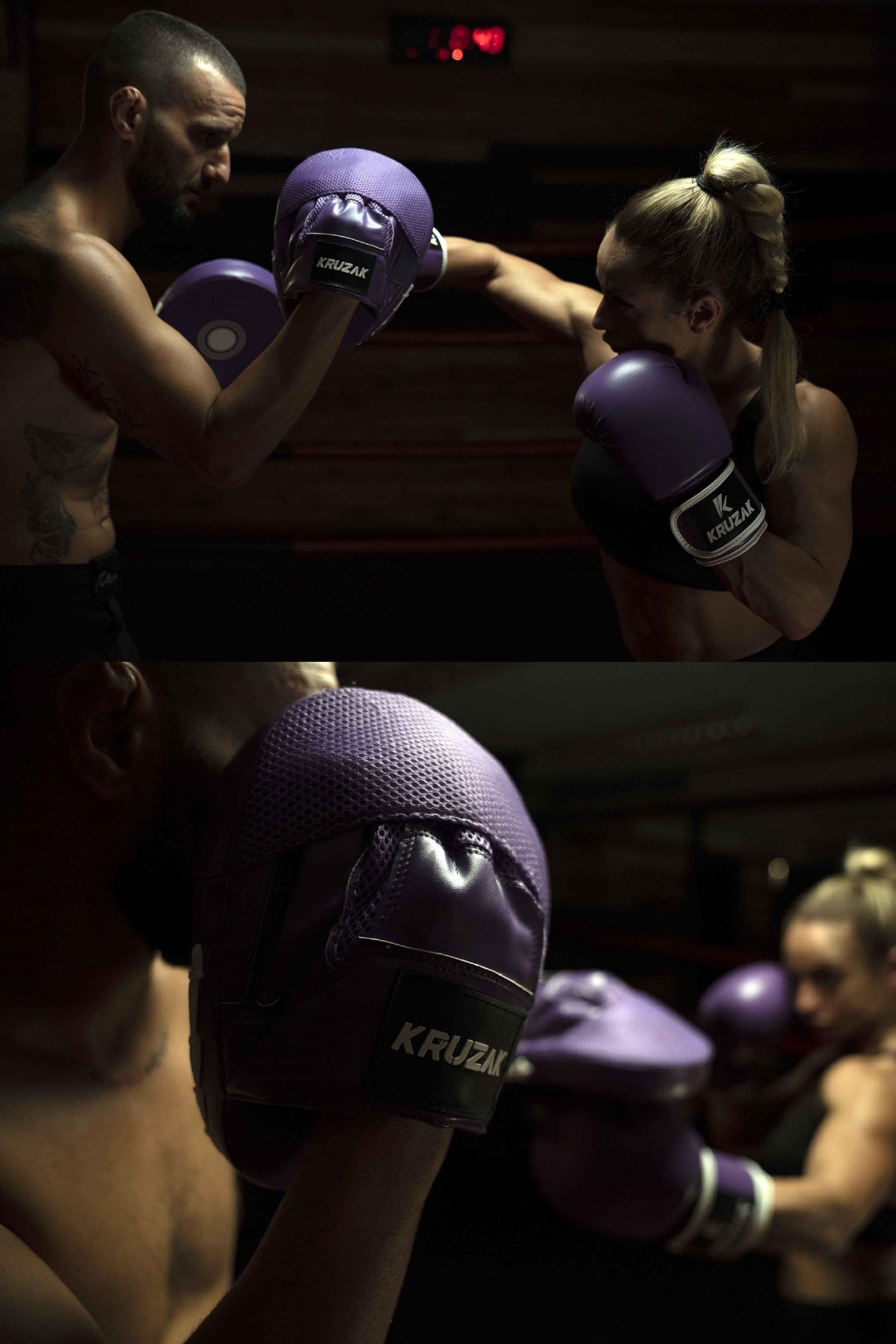 Product demonstration of Kruzak Unisex Purple Boxing Gloves and Focus Pads