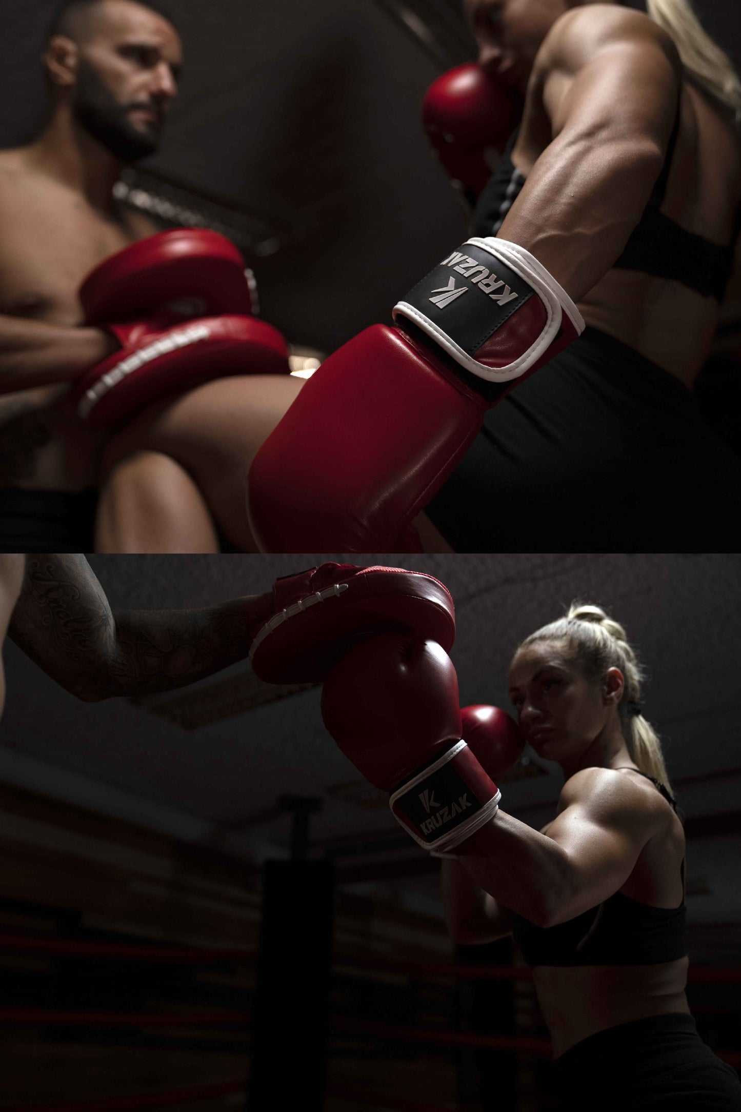Product demonstration of Kruzak Unisex Red Boxing Gloves and Focus Pads
