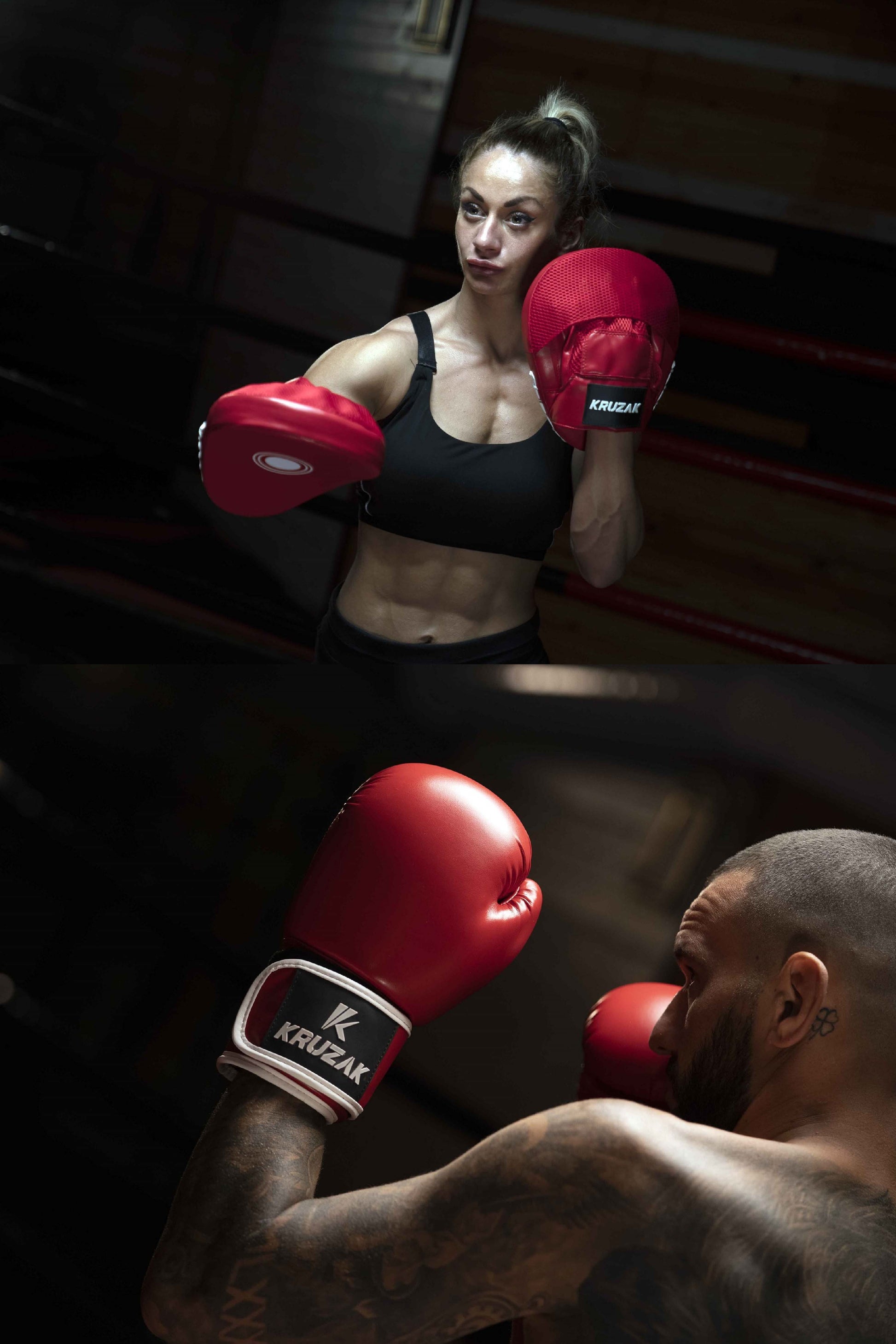 Product demonstration of Kruzak Unisex Red Boxing Gloves and Focus Pads
