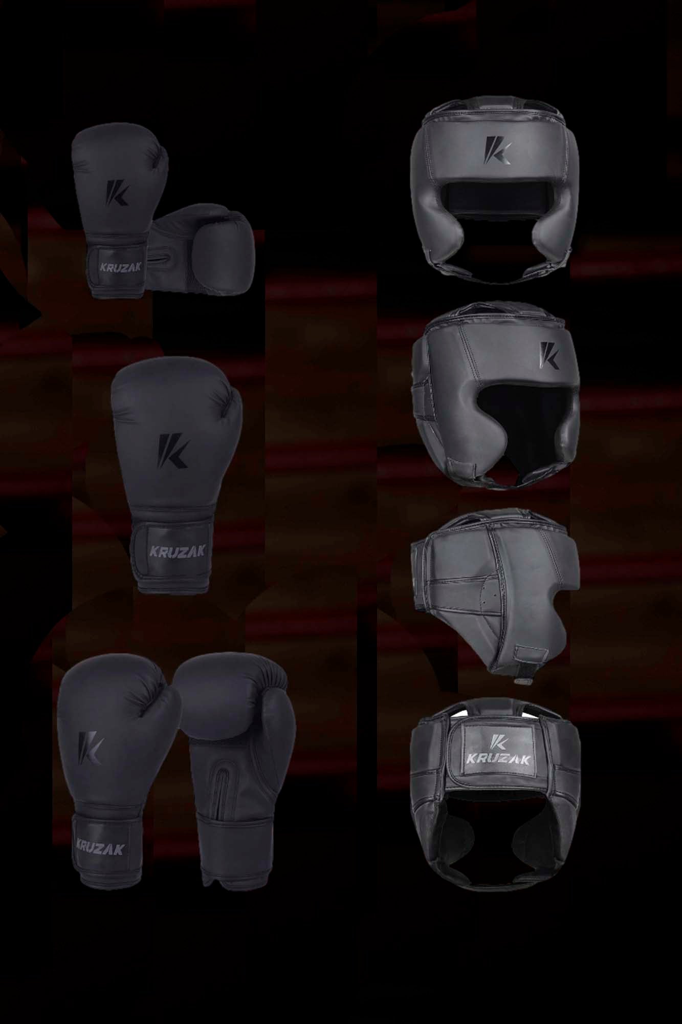 Matte-Black Boxing Gloves and Head Guard Set